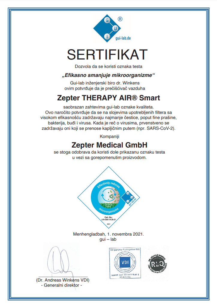 GUI LAB sertifikat koji potvrđuje da Therapy Air Smart efikasno eliminiše prašinu, bakterije, plesni i viruse